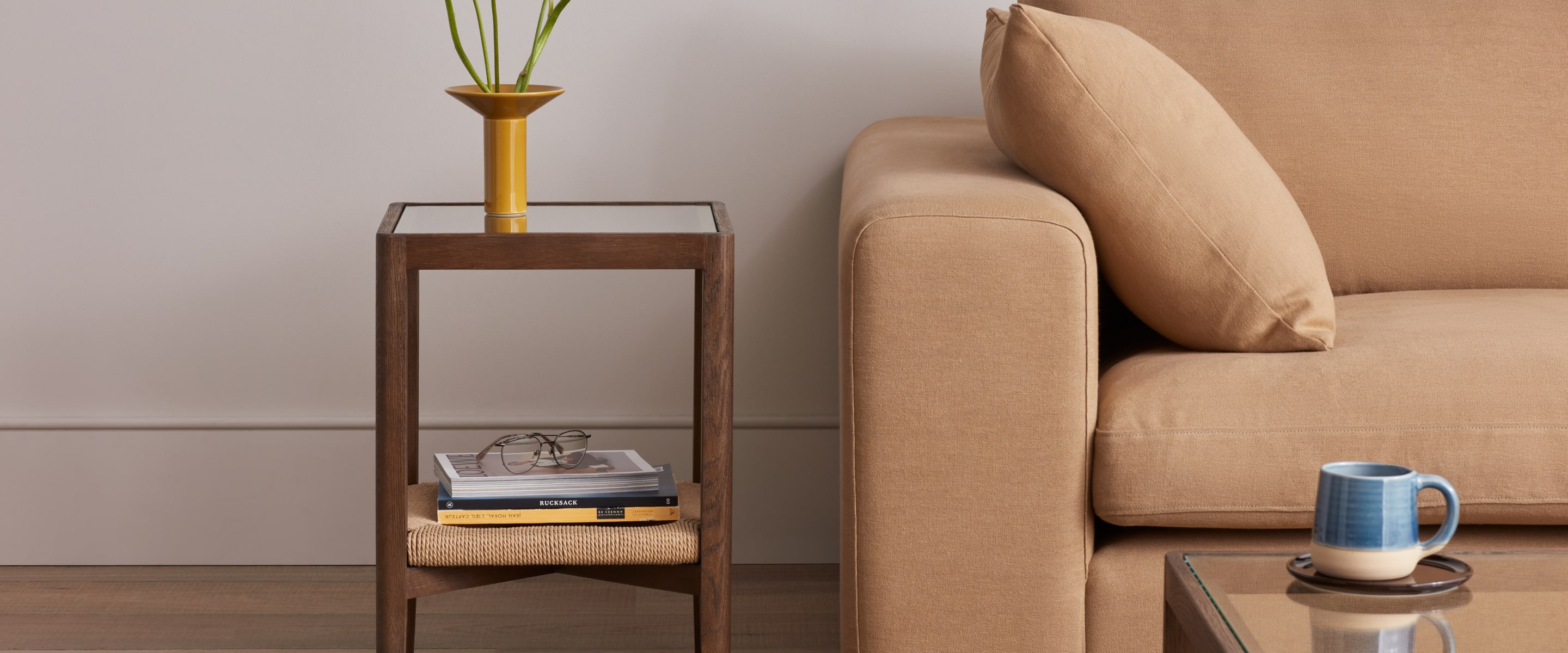 by interiors ☆ LOAF SIDETABLE WHITE Little Keepsake Side Table in Whitewashed Oak | Glass Top Wood